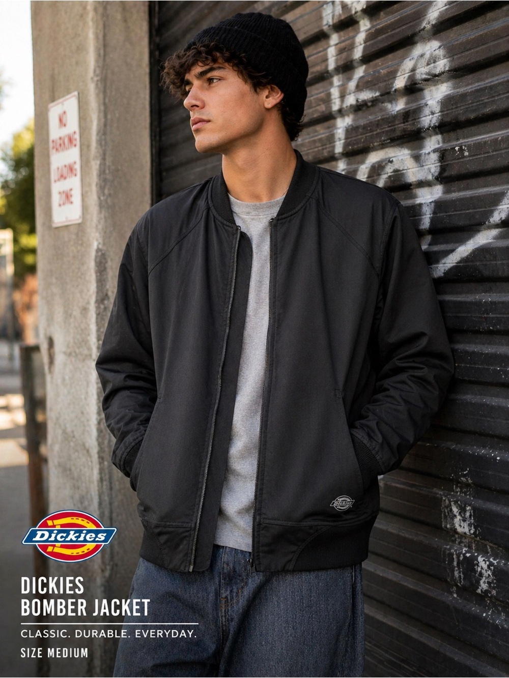 Dickies Black Bomber Jacket Medium Lightweight Workwear Streetwear Minimal